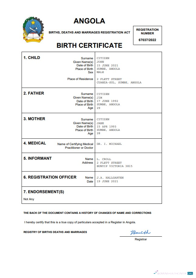 Download Angola vital record birth certificate Word and PDF template Photoshop template